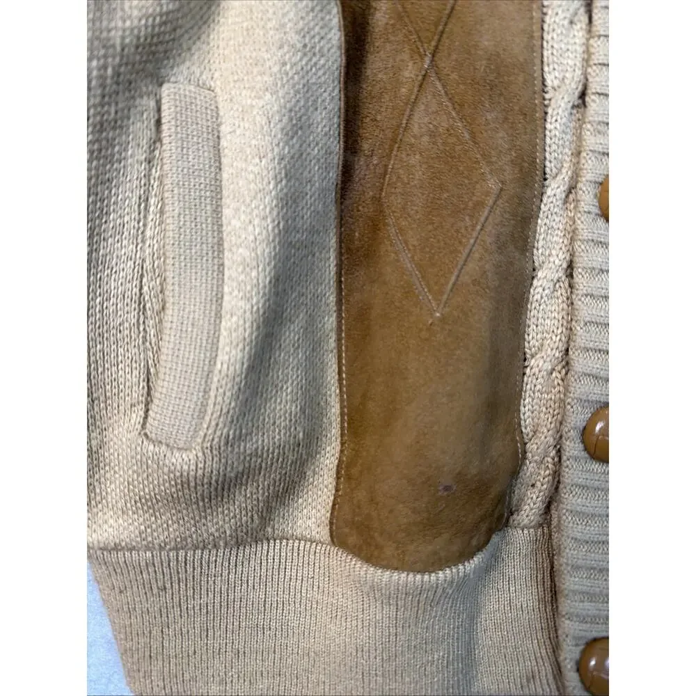 Vtg Troy Hill Cardigan Men's L Tan Grandpa Leather‎ Western Sweater Shawl USA